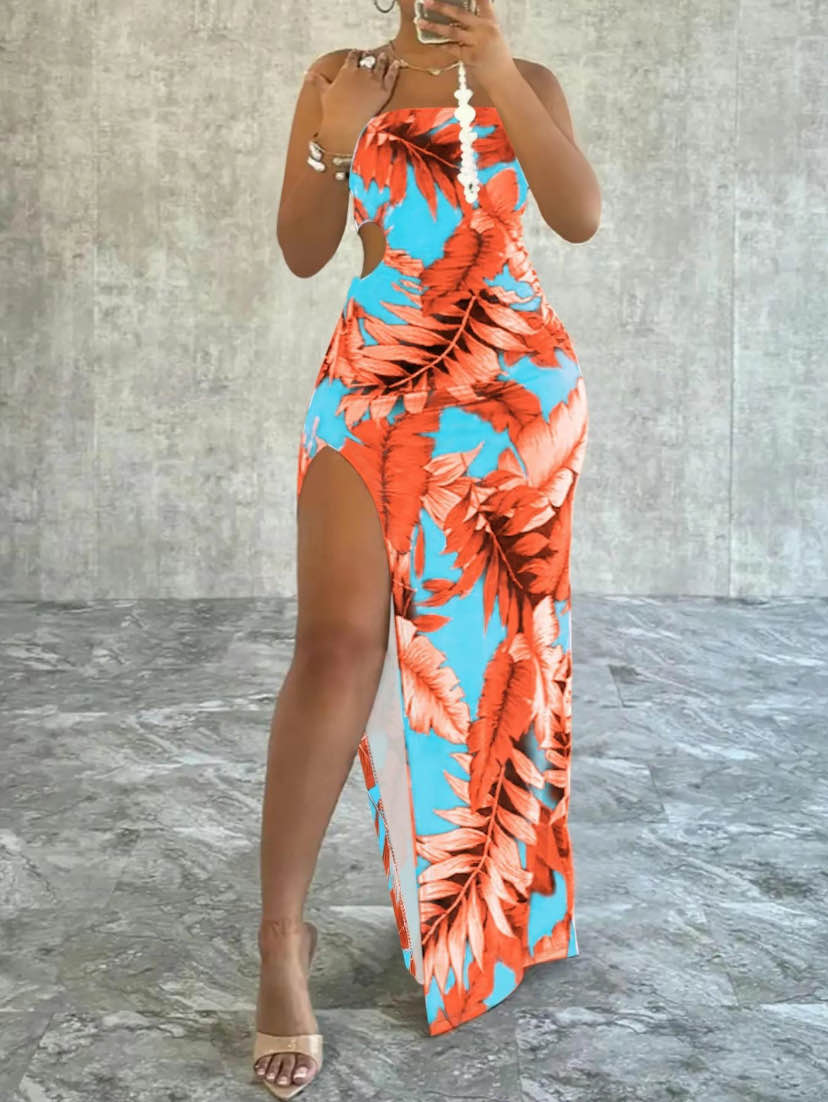 Leaf Print Split Thigh Cami Dress