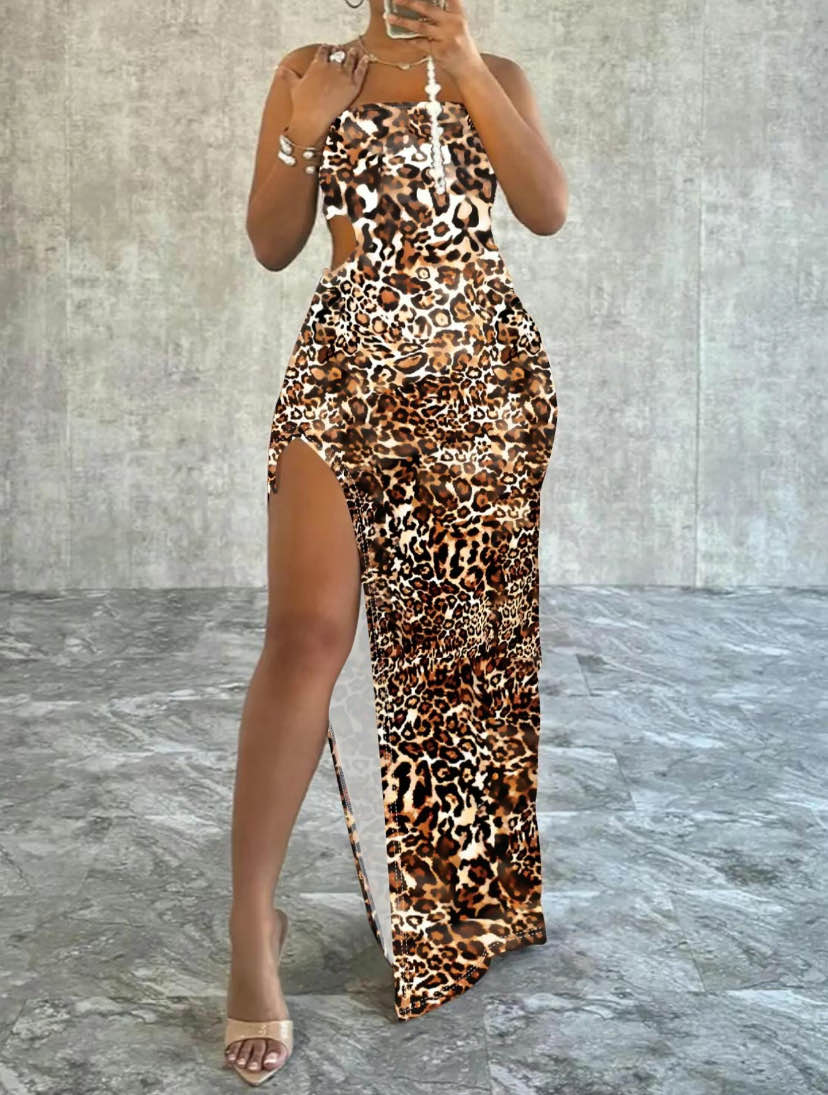 Leaf Print Split Thigh Cami Dress