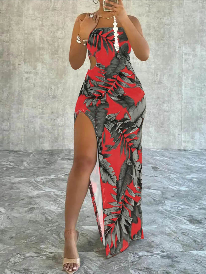 Leaf Print Split Thigh Cami Dress