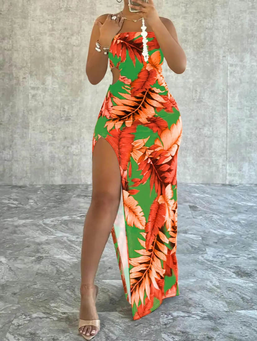 Leaf Print Split Thigh Cami Dress