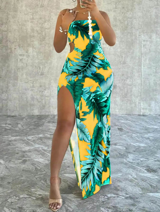 Leaf Print Split Thigh Cami Dress