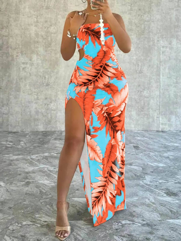 Leaf Print Split Thigh Cami Dress