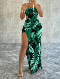 Leaf Print Split Thigh Cami Dress