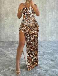 Leaf Print Split Thigh Cami Dress