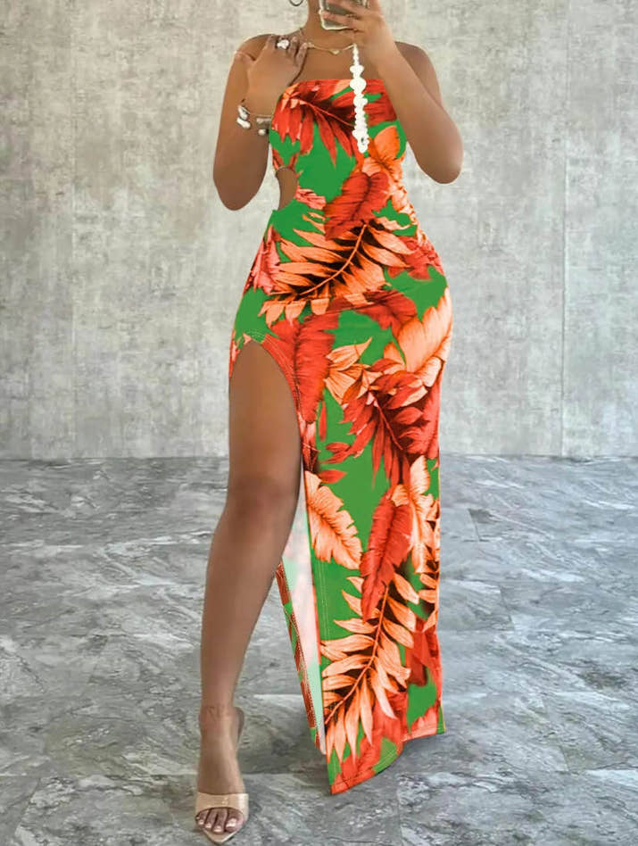 Leaf Print Split Thigh Cami Dress